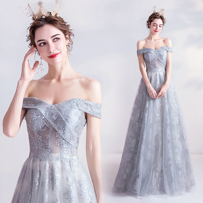 Prom Dresses Bright Silver Gray Bridal Clothes Dinner Annual Meeting Starry Skirt Wedding Dress