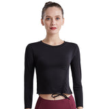 Moisture Wicking Shirts Fall/Winter Yoga Wear Female Bow Drawstring Tight Long Sleeve Quick-Drying Sports Fitness Top