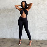 Summer women's sexy backless halter solid color high waist tight casual sports jumpsuit