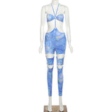 Summer women's sexy hollow-out halter lace-up metal buckle high waist tight sports jumpsuit