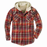 Mens Flannel Jacket with Hoodie Autumn and Winter Plaid Hooded Shirt Long Sleeve Loose Patch Pocket Padded Jacket