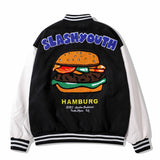 Letterman Jacket Outfit Senior Jackets Varsity Baseball Coat Cartoon Hamburger Embroidered Baseball Uniform Coat Men's Jacket