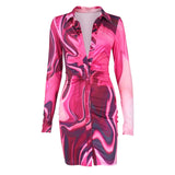 Summer and Autumn Women's Sexy Printed Long-Sleeved Shirt Short Skirt Dress