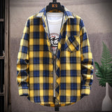 Mens Flannel Jacket Brushed Plaid Slim-Fit Long-Sleeved Shirt Fashion Shirt