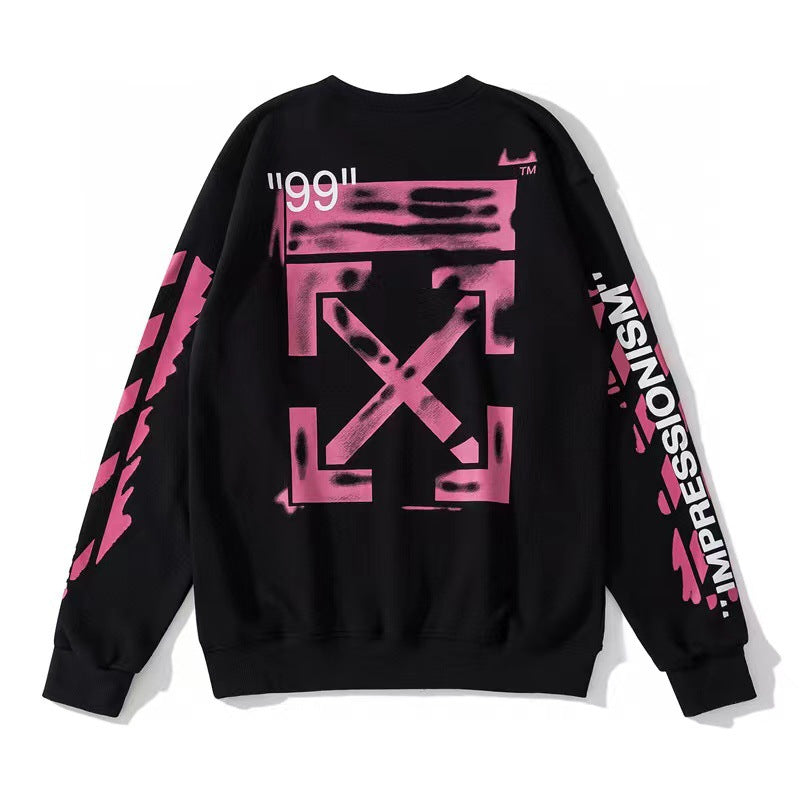 Off White Long Sleeve Round Neck Sweater Arrow Pattern Crew Neck Pullover Sweatshirt Men