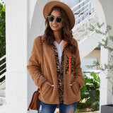 Women Sherpa Jacket Autumn and Winter Sexy Leopard Zipper Button Long-Sleeve Women's Top Plush Coat
