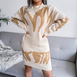 Sweater Dress Outfit With Tights 2 Pieces Set Autumn and Winter Geometric Pattern Woolen Skirt Knitted Dress