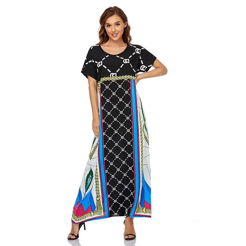 Muslim Women Stylish Kashibo Abaya Muslim Ladies Long Gown Islamic Clothing Jilbab Jalabiya Summer Short Sleeve Printed Robe