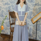 Women Cottagecore Dress Summer Retro Peter Pan Collar Dress Waist-Tight