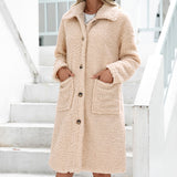 Women Sherpa Jacket Fall and Winter Lapels Cardigan Plush Long Single-Breasted Trench Coat