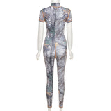 Summer women's fashion printed short-sleeved hip-lifting sports jumpsuit women