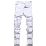 J Shaped Jeans Men's Straight Ripped White plus Size Pleated Denim Trousers