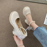 Nude Pumps Block Heel Vintage Bow Leather Shoes