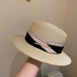 Straw Hat Dual-Color Patchwork Decorative Flat Top Hat