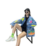 Spray Painted Jacket Women's Dark Blue Denim Jacket Casual Jacket