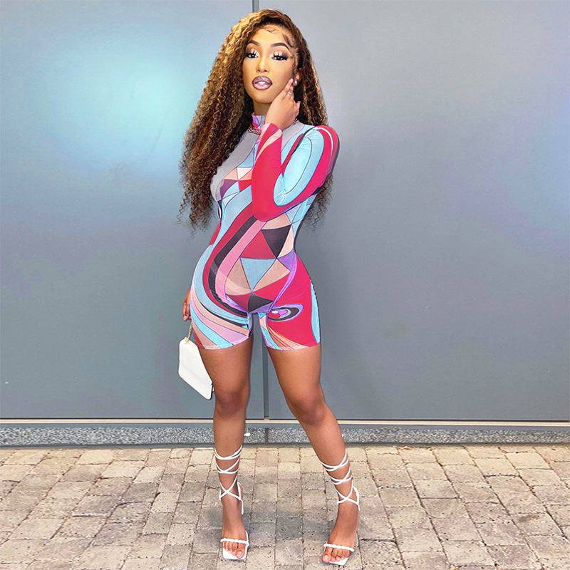 Summer New Women's Fashion Sexy High Waist Sheath Mesh Floral Print Tight Sports Jumpsuit