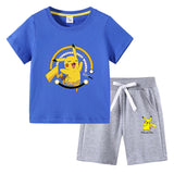 Children Pokemon Pikachu Tshirts & Shor Cotton Short-Sleeved Shorts Two-Piece Set
