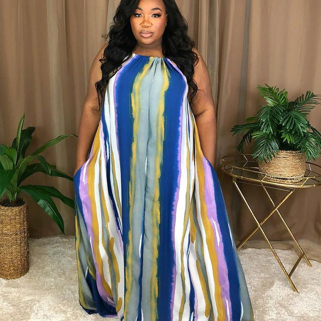 Women Plus Size Maxi Dresses Summer Color-Striped Printing Halter Loose Dress