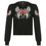 Black Rose Hoodie Rose Wings Printing Contrast Color Long Sleeves Hooded Zipper Sweatshirt