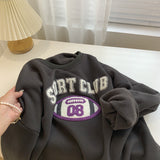 Diana Harvard Sweatshirt Vintage Towel Embroidery Fleece-Lined Crew Neck Sweater Pullover Top