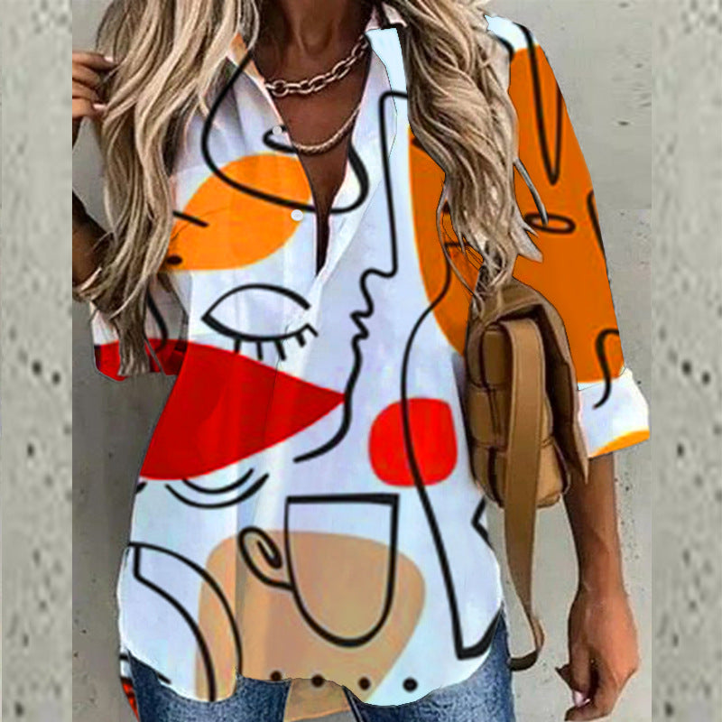 Women Bohemian Shirts Spring and Summer Fashion Long Sleeve Lapel Print Shirt