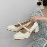 Nude Pumps Block Heel Mary Jane Leather Shoes