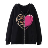 Skeleton Hoodie Winter Fleece Women's Long Sleeve Hoodie Heart-Shaped Clothes Printed Zipper