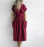 Work Dresses with Pockets Women's V-neck Short Sleeve Pocket Solid Color Dress