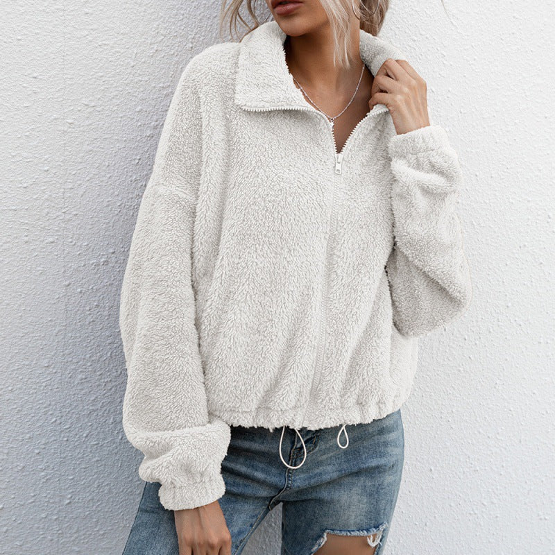 Women Sherpa Jacket Autumn and Winter Double-Sided Plush Lapel Short Top Drawstring Sweatshirt Coat