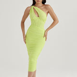Bella Hadid Dress Mesh Shoulder Hollow Pleated Backless Dress