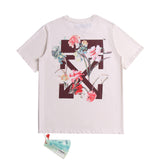 off Ow White T Shitrs Flower Series round Neck Pullover Short Sleeve