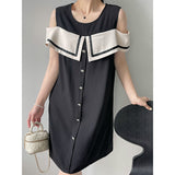 Kim Kardashian Marilyn Monroe Dress Summer round Neck Solid Color Women's off-the-Shoulder Contrast Color Dress Vintage Skirt