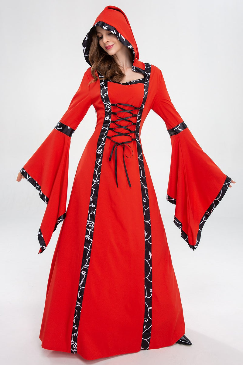Vintage Empire Waist Dress Halloween Court Costume Bell Sleeve Hooded Dress