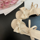 Nude Pumps Block Heel Bowknot Chunky Heel Sandals