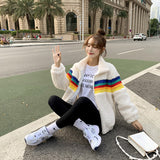 Women Sherpa Jacket Rainbow Lamb Wool Coat Women's Autumn and Winter Imitation Fur Top New Plush Coat
