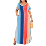 Women Plus Size Maxi Dresses Summer Color-Striped Printing Short Sleeve Dress