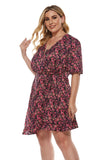 Women Plus Size Mini Dresses v Collar Printed Lace Up Dress