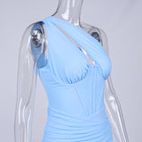 Emily Ratajkowski Dress Mesh Shoulder Hollow Steel Ring Pleated Backless Dress