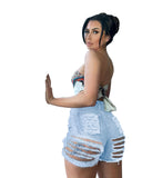 Women Plus Size Denim Shorts1 High Waist Ripped Hollow-out Denim Shorts