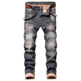 J Shaped Jeans Straight Ripped Patch plus Velvet Thickened Men's Jeans