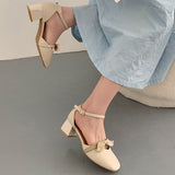 Nude Pumps Block Heel Bowknot Mary Jane Leather Shoes