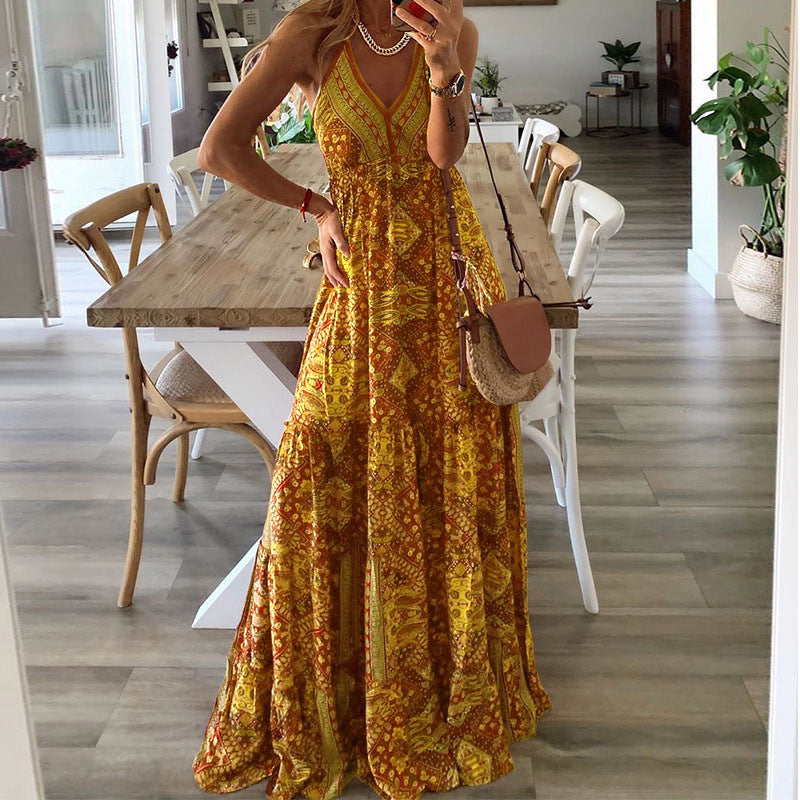 Women Bohemian Dress Sexy Sling Dress Holiday Floral Print Dress
