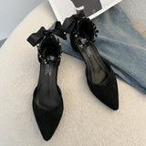 Nude Pumps Block Heel Bow Rhinestone High Heel Shoes