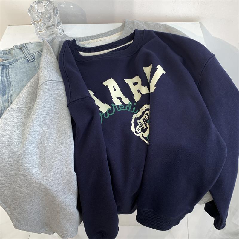 Harvard Sweatshirt Ice Cream Printed Terry Cotton round Neck Light Gray Long Sleeve Sweater