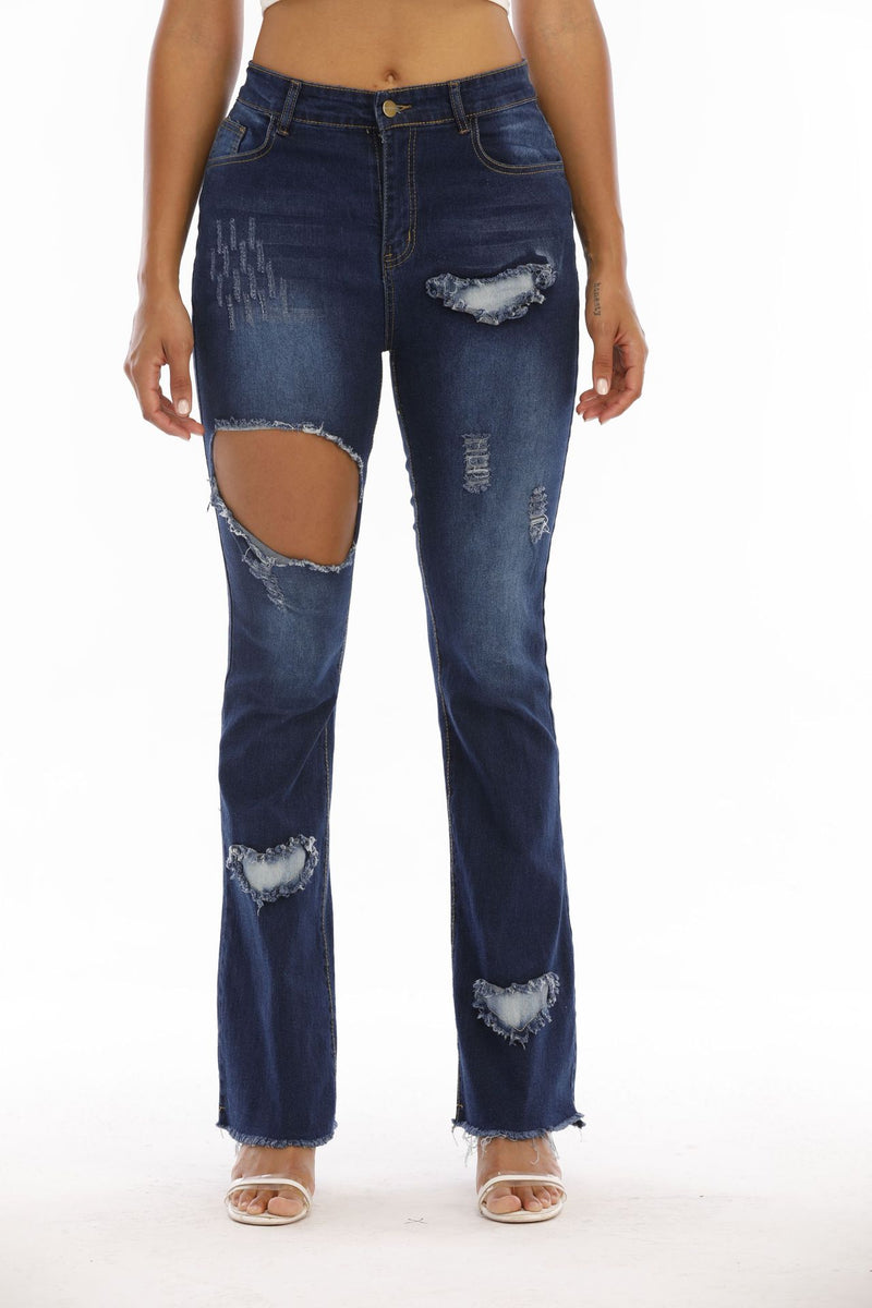 Women Distressed Denim Jeans Ripped Jean Ripped Worn Jeans Bell-Bottom Pants Women