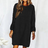 Work Dresses for Girls Autumn and Winter Solid Color Comfortable Plush Long Sleeve round Neck Loose Dress