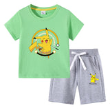 Children Pokemon Pikachu Tshirts & Shor Cotton Short-Sleeved Shorts Two-Piece Set