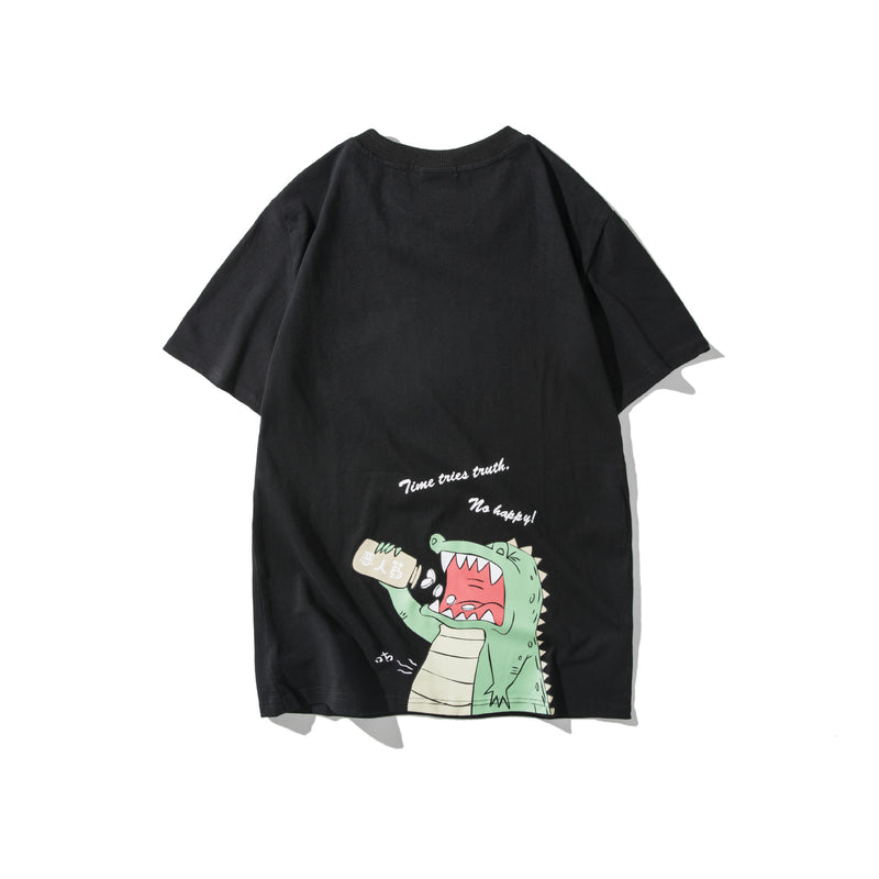 Men's T-shirt Summer Short-Sleeved Men's T-shirt Hong Kong Style Fashion All-Match Loose Cartoon Dinosaur Printed Top