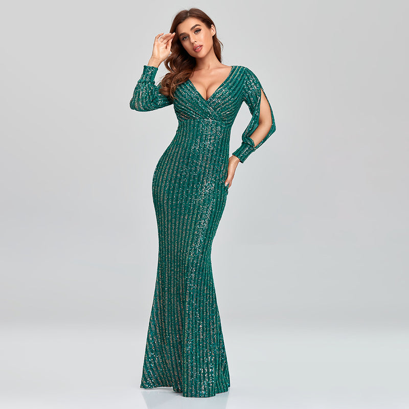 Mariah Carey See through Dress Solid Color plus Size Long Sleeve Sequined Fishtail Evening Dress