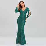 Mariah Carey See through Dress Solid Color plus Size Long Sleeve Sequined Fishtail Evening Dress